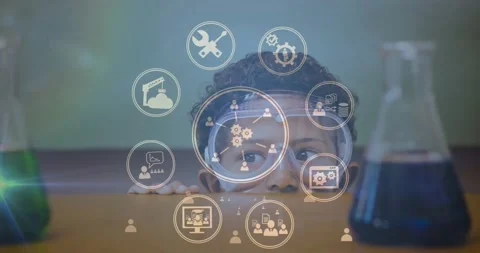 Animation of icon in circles over boy wearing glasses looking video on cellphone Stock Footage 329561145