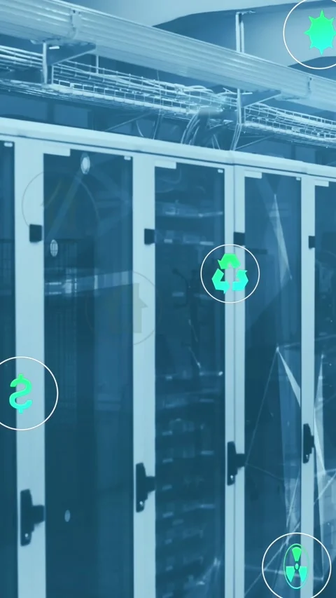 Animation of icon in circles over connected dots against server room in Stock Footage 343682613