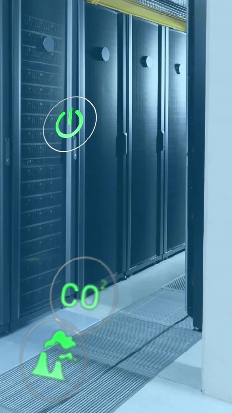 Animation of icon in circles over data server racks in server room Stock Footage 343888194