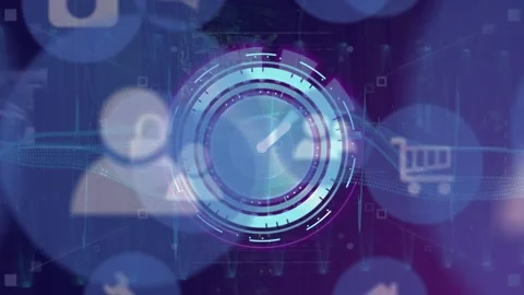 Animation of icon in circles over digital clock and computer language against Video stock 329365126