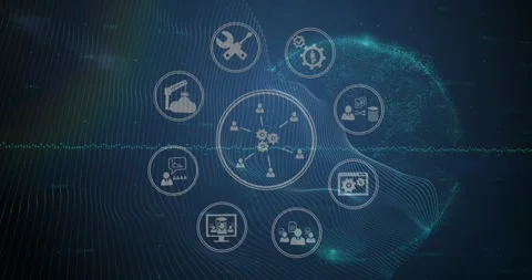 Animation of icon in circles over graph and wave pattern against globe in Stock Footage 244866307