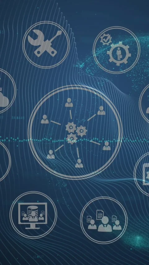 Animation of icon in circles over graph and wave pattern against globe in Video stock 321172184