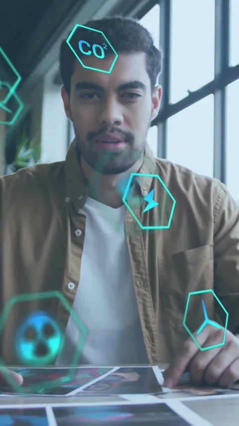 Animation of icon in circles over man sitting on chair and looking at camera in Stock Footage 342009135