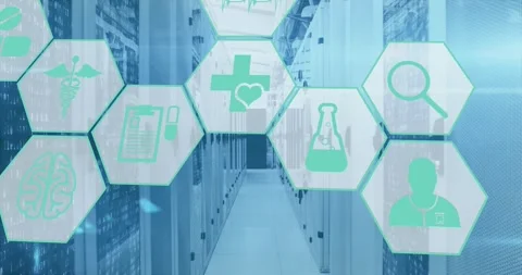 Animation of icon in hexagon pattern over binary codes and lens flares against Stock Footage 246588783