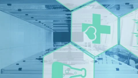 Animation of icon in hexagon pattern over binary codes and lens flares against Stock Footage 312906192