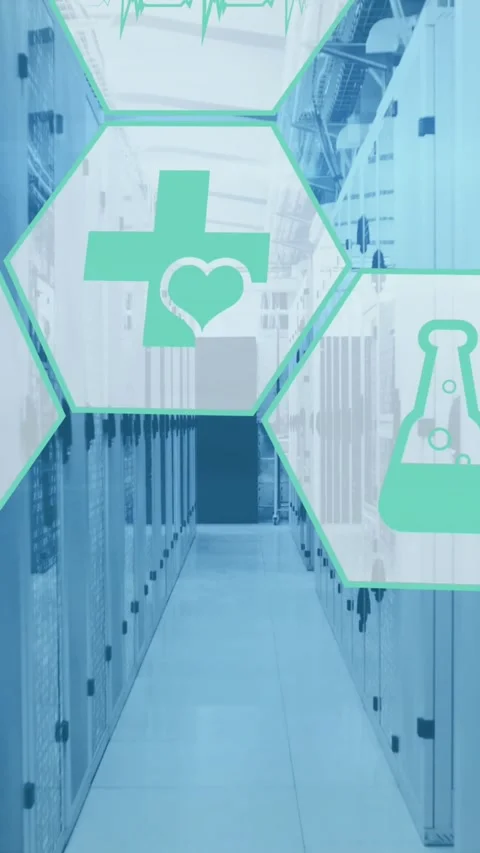 Animation of icon in hexagon pattern over binary codes and lens flares against Stock Footage 321172559