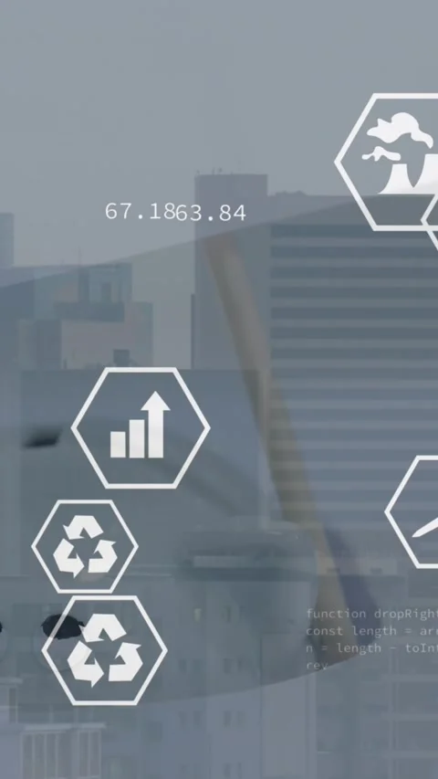 Animation of icon in hexagons with computer language over router against aerial Stock Footage 321513464