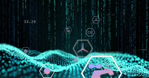 Animation of icon in hexagons over dynamic dots forming waves and computer Stock Footage 327524566