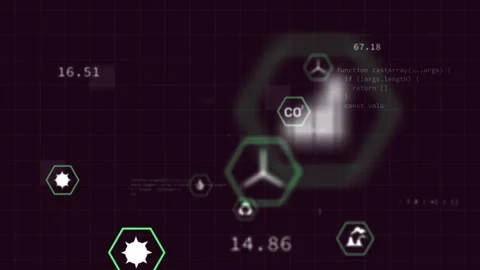 Animation of icon in hexagons over grid pattern and computer language against Stock Footage 246533398