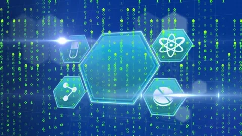 Animation of icon in hexagons over lens flares against falling binary codes on Stock Footage 241715529
