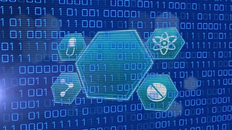Animation of icon in hexagons over lens flares against falling binary codes on Vídeos de archivo 242202816