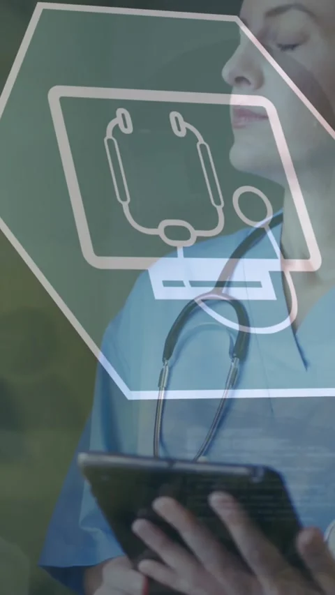 Animation of icon in hexagons over man using vr headset, caucasian doctor Stock Footage 341976782