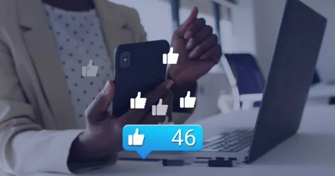 Animation of like icon with increasing numbers over mid section of a woman using Stock Footage 328299899