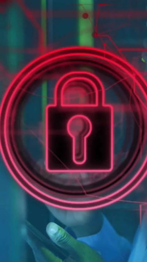 Animation of icon padlock data processing over african american it man by Stock Footage 344706708