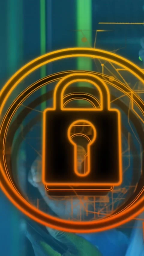 Animation of icon padlock data processing over african american it man by Stock Footage 344766279