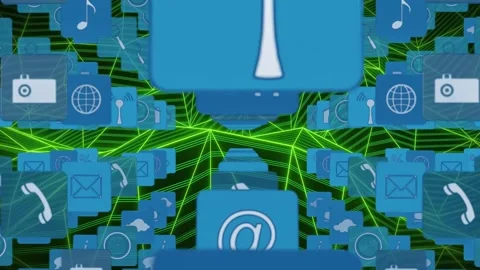 Animation of icon in squares over dynamic wave pattern against black background Video stock 329968369