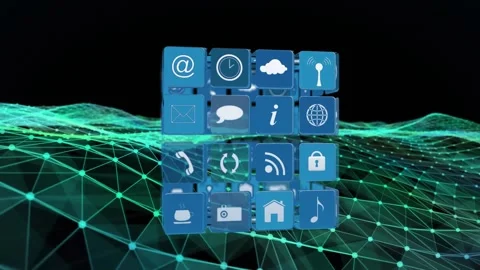 Animation of icons in 3d cube over dynamic wave pattern over black background Stock Footage 330106006