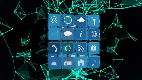 Animation of icons in 3d cube over connected dots forming geometric shapes Stock Footage 330337203