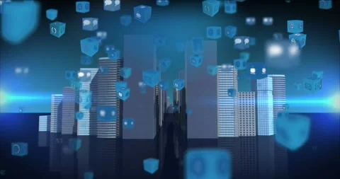 Animation of icons in 3d cubes and lens flares over model of buildings in Stock Footage 328255320