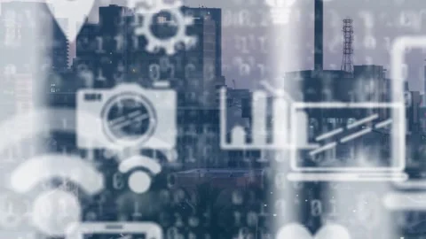 Animation of icons and binary coding, data processing over cityscape Stock Footage 327126190