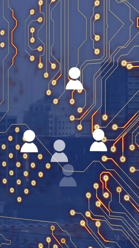 Animation of icons and computer circuit board over cityscape Stock Footage 343919559