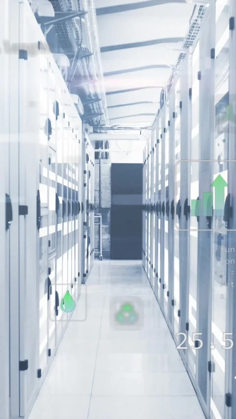 Animation of icons and computer language over moving bars on data server room Stock Footage 342010733