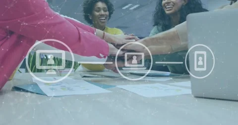 Animation of icons and data processing over diverse business people stacking Stock Footage 231930065