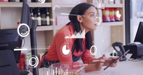 Animation of icons and data processing over woman with tablet in shop Video stock 233202574