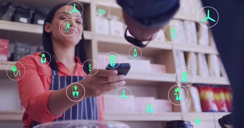 Animation of icons and data processing over biracial woman with payment terminal Stock Footage 233202643