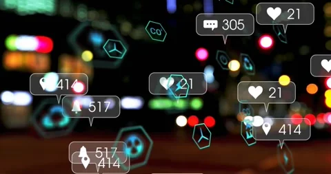 Animation of icons and data processing over out of focus city Stock Footage 246733089