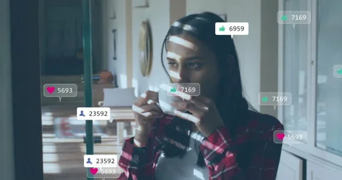Animation of icons and data processing over biracial woman drinking tea Stock Footage 307984533