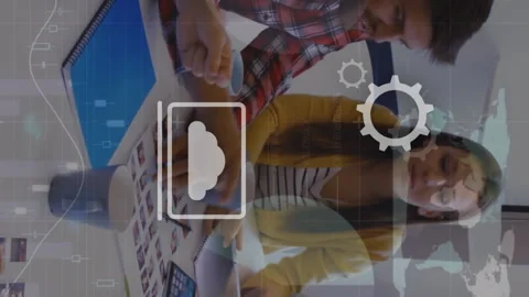 Animation of icons and data processing over diverse business people in office Vidéo 312389526