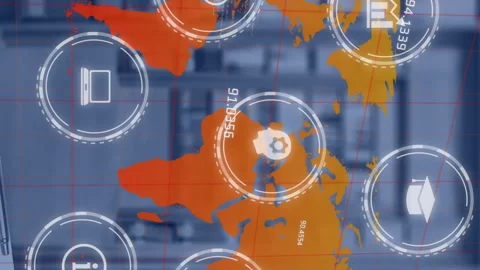 Animation of icons and data processing over world map and library Stock Footage 312509648