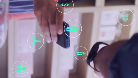 Animation of icons and data processing over woman with payment terminal in cafe Stock Footage 312672604