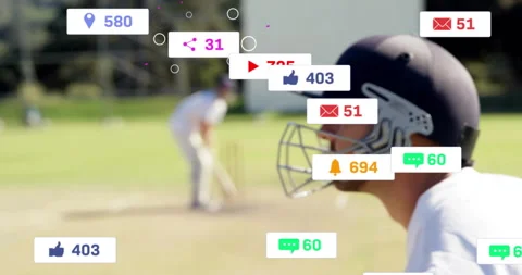 Animation of icons and data processing over caucasian male cricket player Stock Footage 315648619