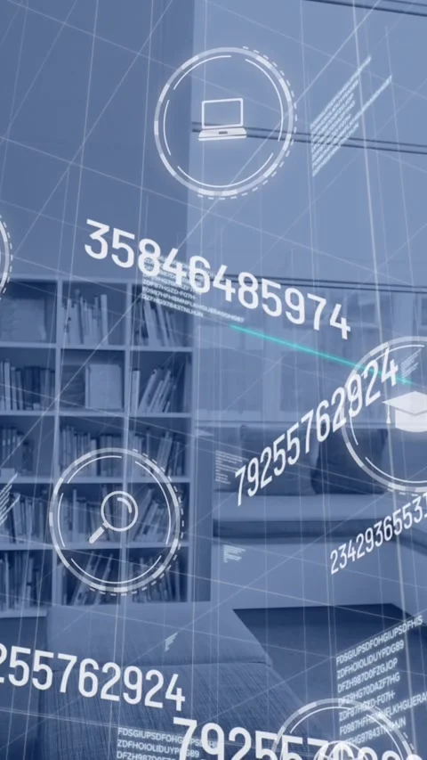 Animation of icons and data processing over world map and library Stock Footage 319415747