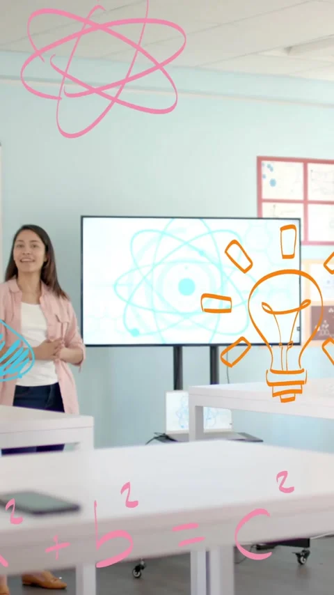 Animation of icons and data processing over diverse students at school Stock Footage 320228561