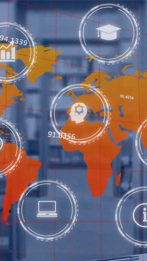 Animation of icons and data processing over world map and library Stock Footage 321216132