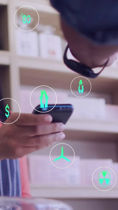 Animation of icons and data processing over woman with payment terminal in cafe Stock Footage 323909865