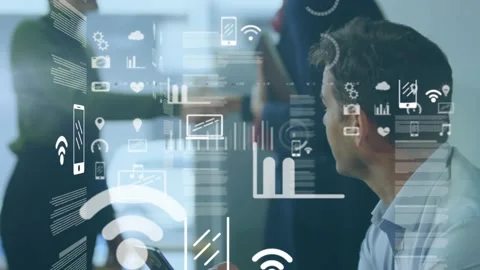 Animation of icons and data processing over caucasian man using smartphone Video stock 328086603