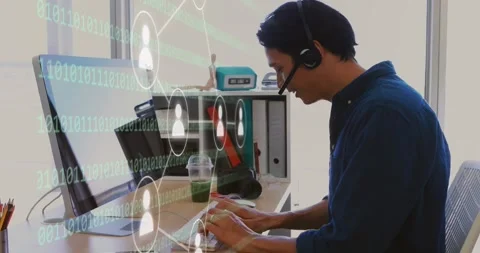 Animation of icons and data processing over caucasian businessman using computer Stock Footage 328091203