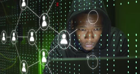 Animation of icons and data processing over african american male hacker using Stock Footage 328450307