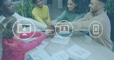 Animation of icons and data processing over diverse business people stacking Stock Footage 328969906