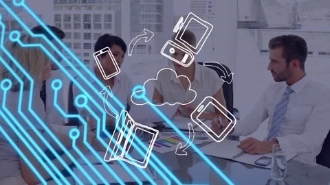 Animation of icons and data processing over diverse empty office Stock Footage 330105318