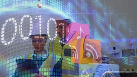 Animation of icons and data processing over diverse workers Stock Footage 330336629