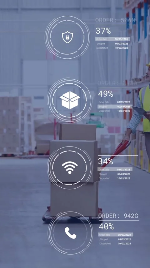 Animation of icons and data processing over caucasian man working in warehouse Stock Footage 342708004