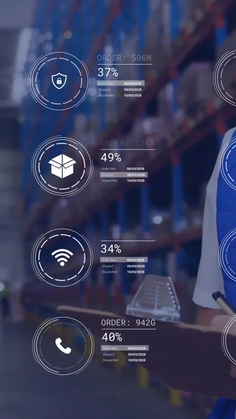 Animation of icons and data processing over caucasian man working in warehouse Stock Footage 342812272