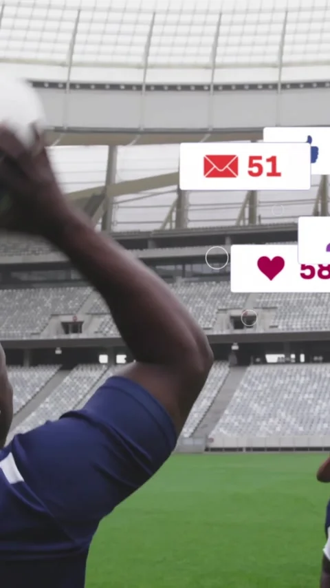 Animation of icons and data processing over diverse rugby players Stock Footage 342915859