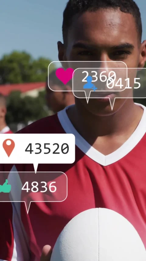 Animation of icons and data processing over diverse rugby players Stock Footage 342915863
