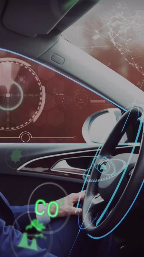 Animation of icons and data processing over caucasian man sitting in car Stock Footage 343615374